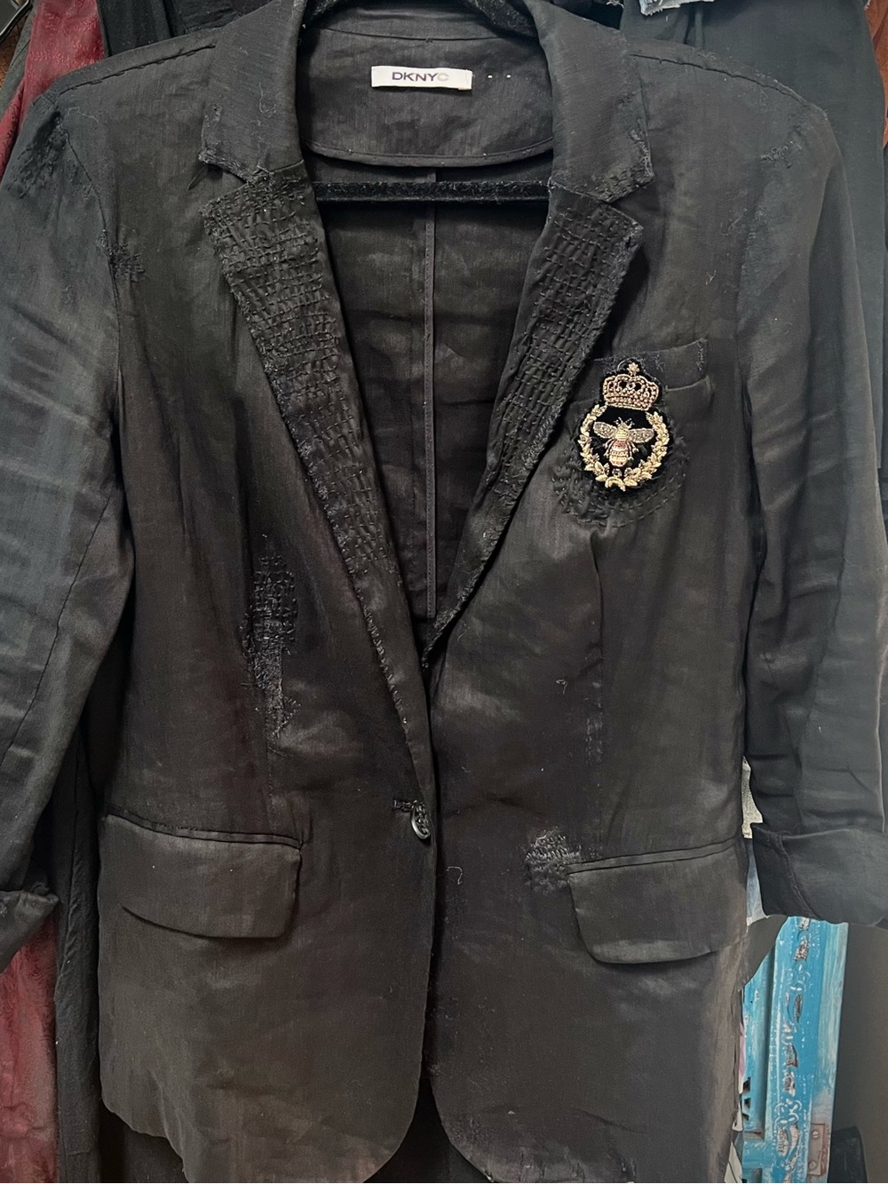 DKNY Black Linen Blend Blazer with Embroidered Crest Patch